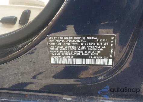 2012 Volkswagen Passat 2.5L Se из США, поврежденный, VIN 1VWBH7A31CC026836